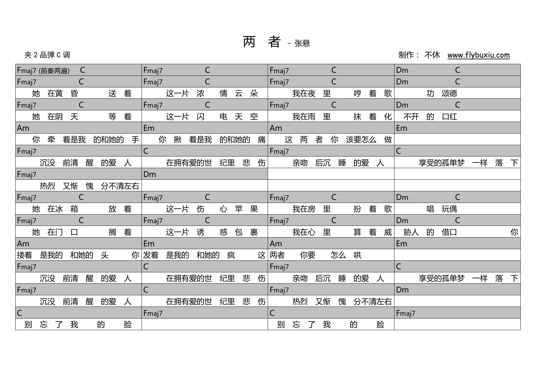 【吉他谱】《巷口》- 张悬现场版 – 飞啦不休